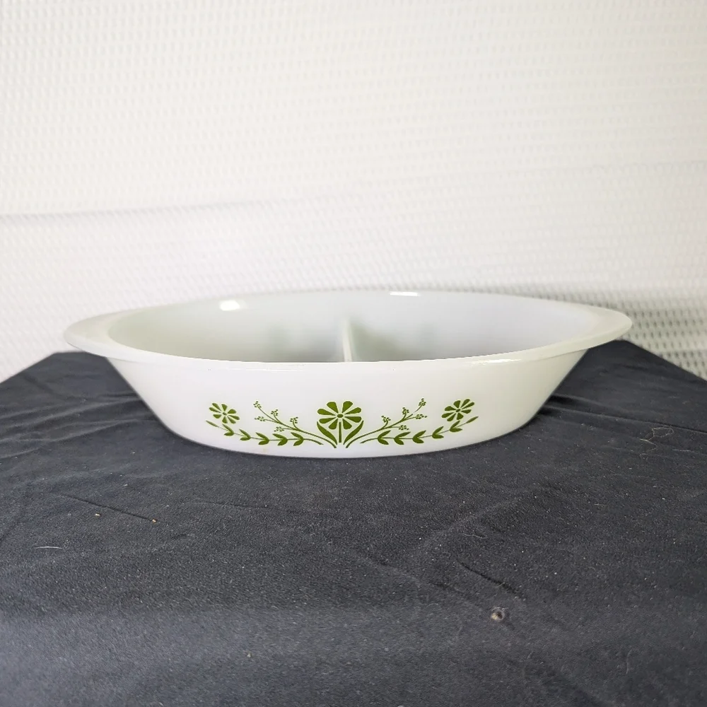 1970’s Glasbake USA Serving Dish. Oval Divided Milk Glass Dish with Oliv…